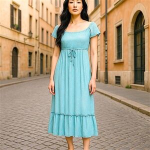 Michael Kors Teal Off-Shoulder Foil Dress – Size M – Smocked & Ruffled  NEW